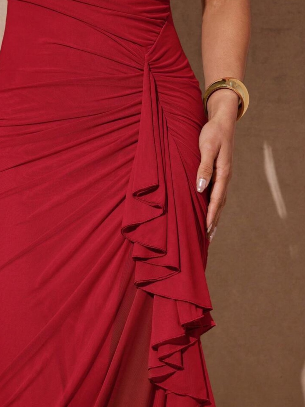 Red Ruched Sheath Dress with Side Ruffle - Picture 6 of 7